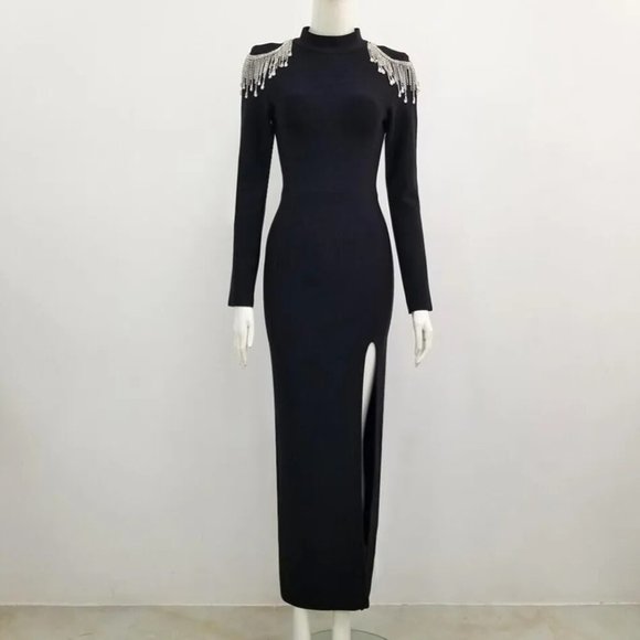 Long Sleeve Diamond Tassel Bodycon Dress - Picture 2 of 7